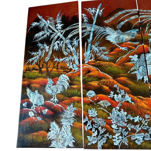 Chinese lacquered panels rooster pheasant bamboo mother of pearl inlay - Picture 9 of 11